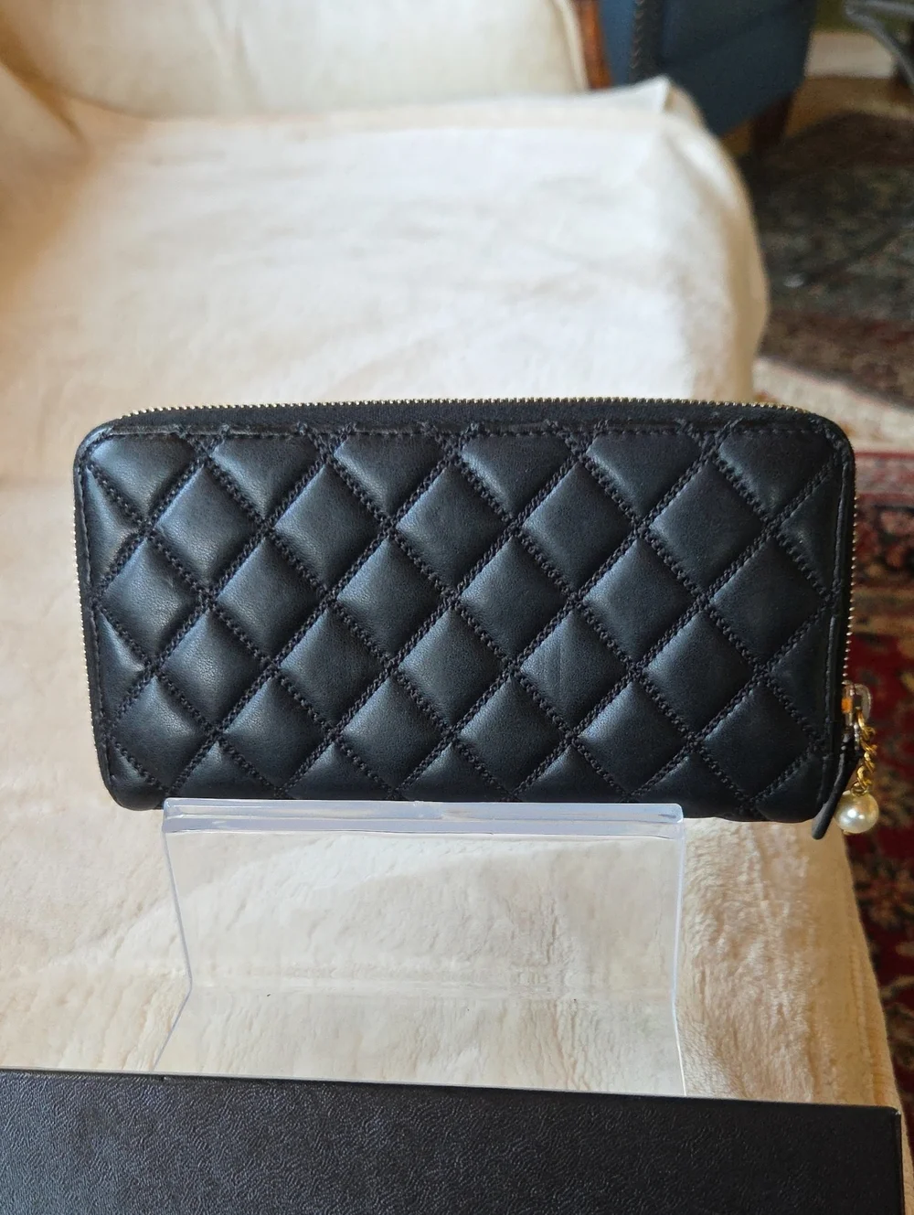 CHANEL A82472 Pearl Ribbon CC Mark Logo Long Wallet Black And Cream Leather